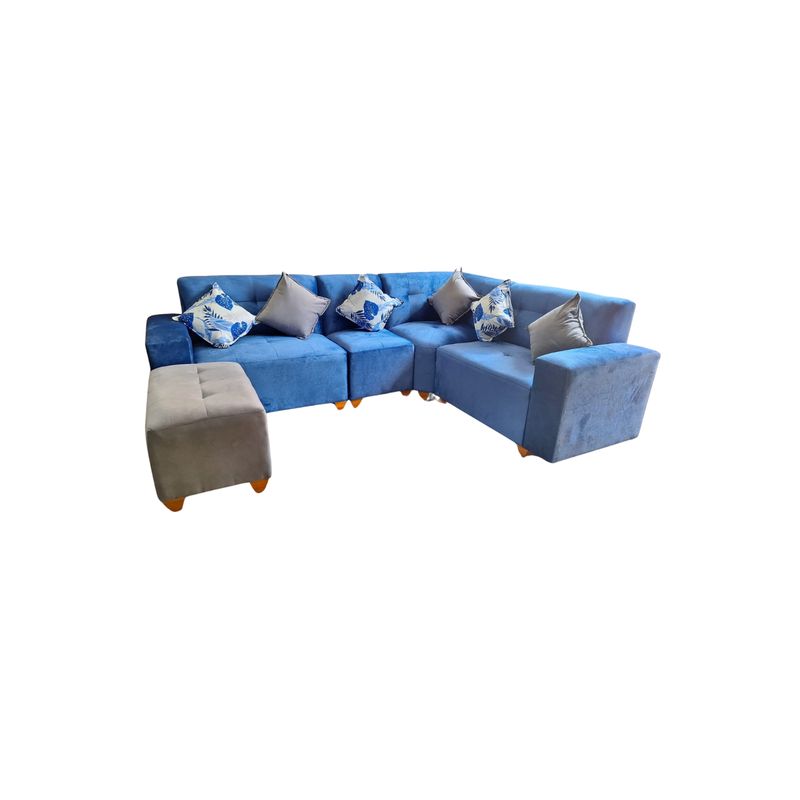 AMOBLART - Seccional Leyva 4 piezas + Banqueta + 6 Cojines - Azul