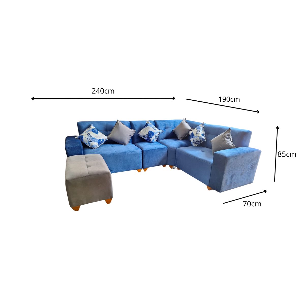 AMOBLART - Seccional Leyva 4 piezas + Banqueta + 6 Cojines - Azul
