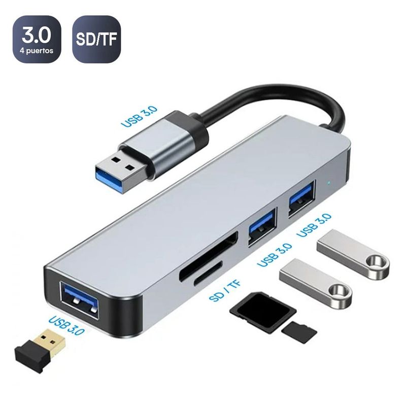 OEM - Adaptador 5 en 1 USB 3.0 a 3 puertos USB 3.0 y puerto SD/TF
