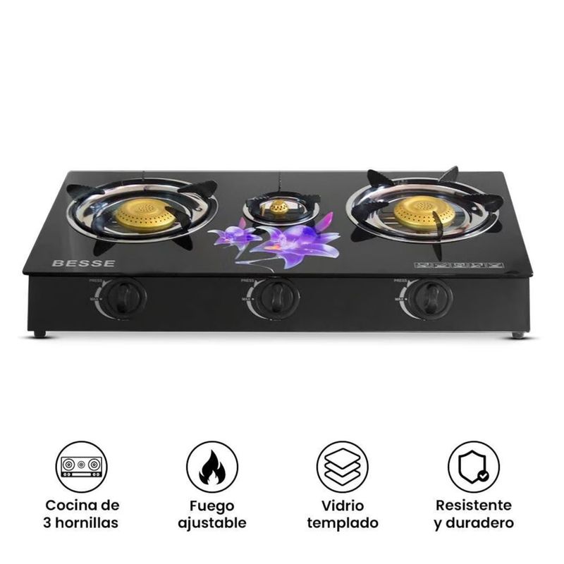 GENERICO - Cocina de Mesa a Gas de 3 Hornillas Vitrocerámico