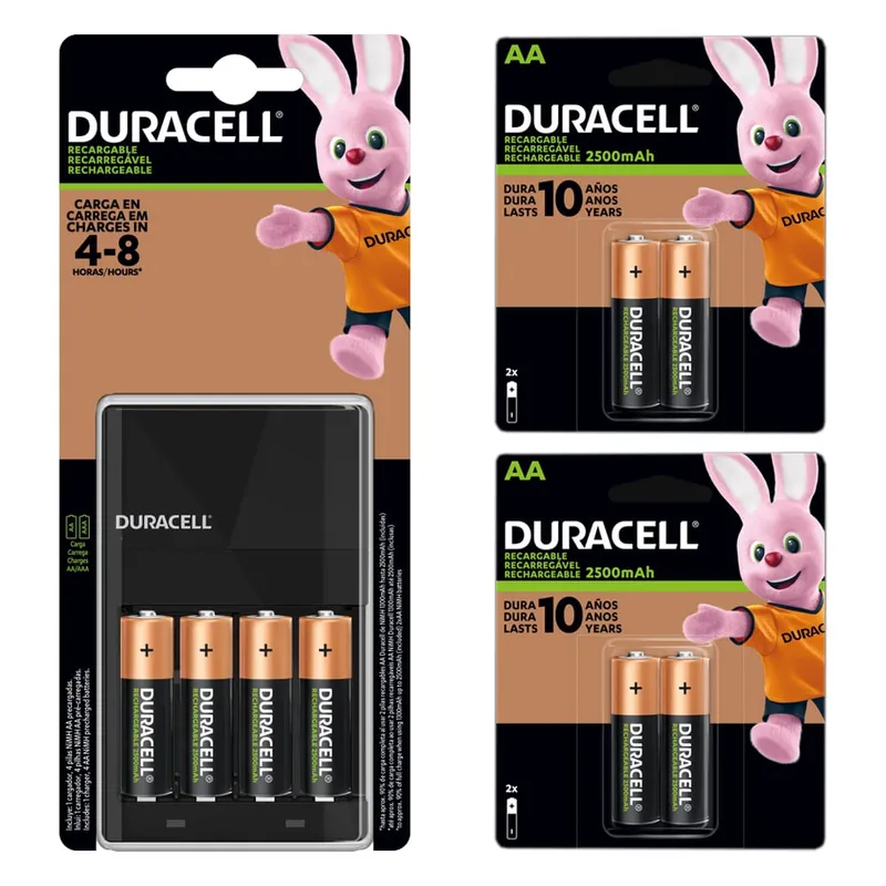 DURACELL - Cargador Duracell + 8 Pilas AA De 2500mah Recargable
