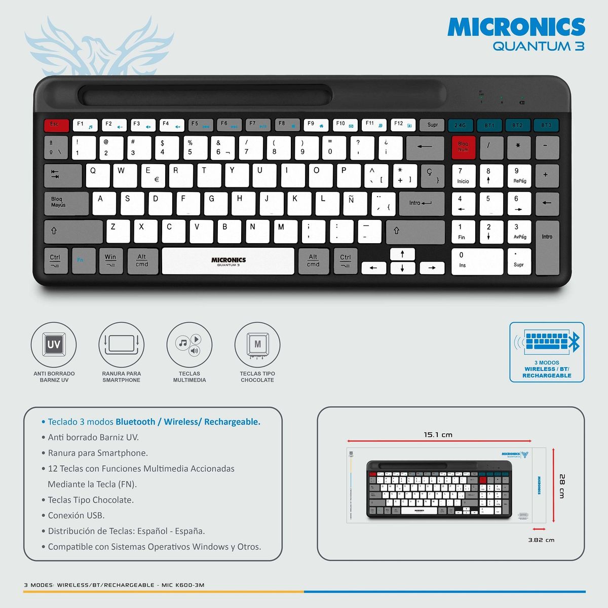 MICRONICS - Teclado Bluetooth Inalámbrico Micronics QUANTUM-MIC K600-3M Recargable