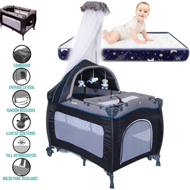 EBABY - Cuna Corral SALLY CELESTE Colchón CAM AZUL