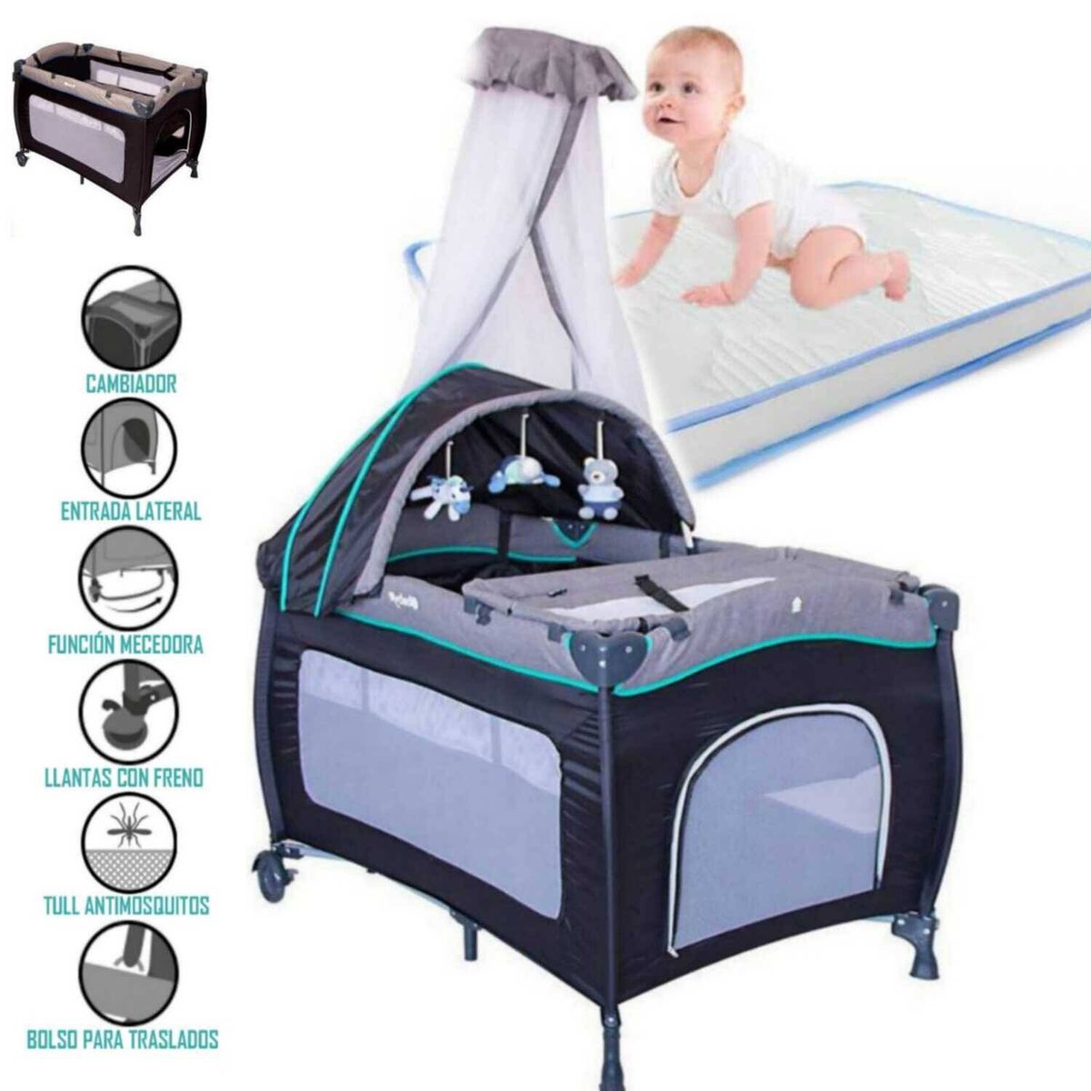 EBABY - Cuna Corral SALLY CELESTE Colchón CAM CELESTE