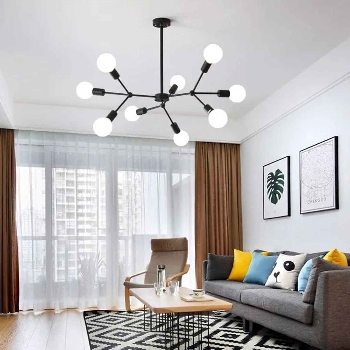 GENERICO - Lámpara colgante modelo araña color negro Incluye nueve focos