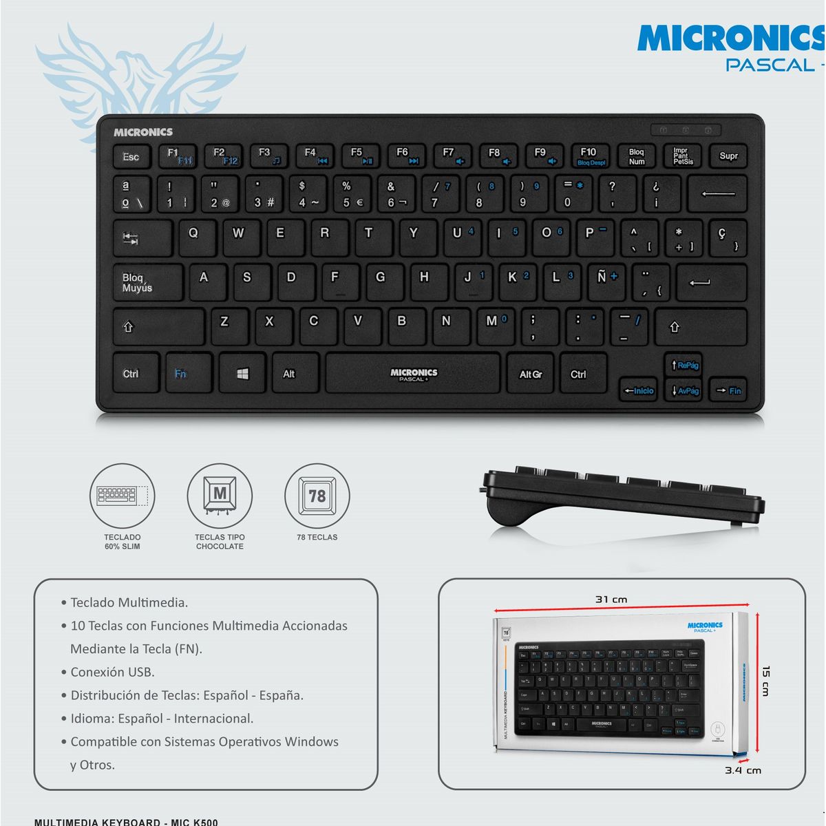 MICRONICS - Teclado Multimedia Slim USB  Pascal K500 Micronics