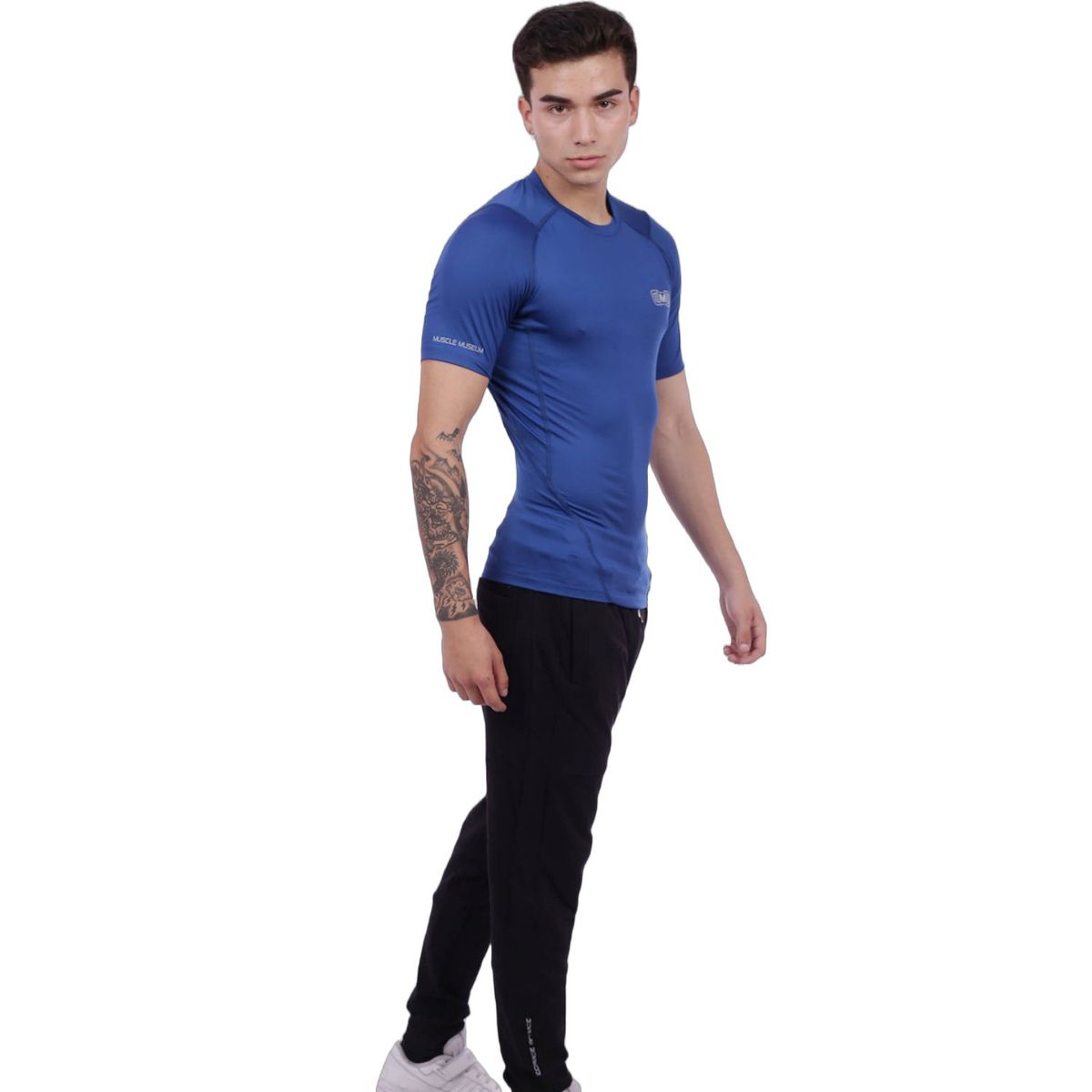 M MUSCLE MUSEUM - Polo Deportivo de Compresión Manga Corta Color Azul para Hombres