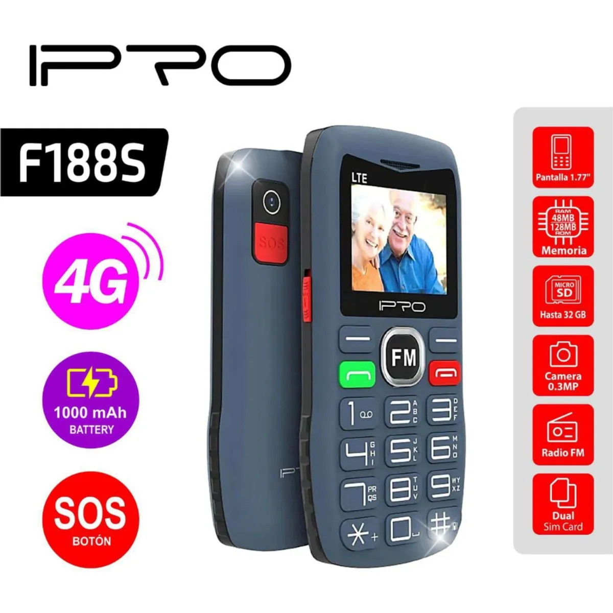 IPRO - CELULAR ADULTO MAYOR IPRO F188S  4G AZUL NEGRO