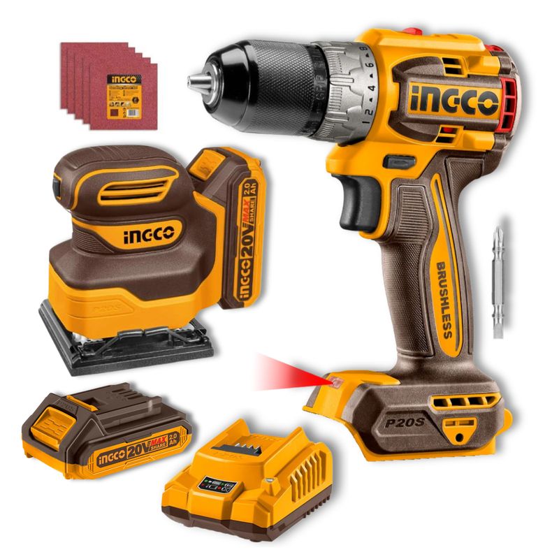 INGCO TOOLS - Combo taladro atornillador 60nm + lijadora orbital 20v Ingco