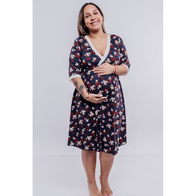 GENERICO - Camison Maternal Modelo Victoria  Manga TresCuarto FloreadoAzul