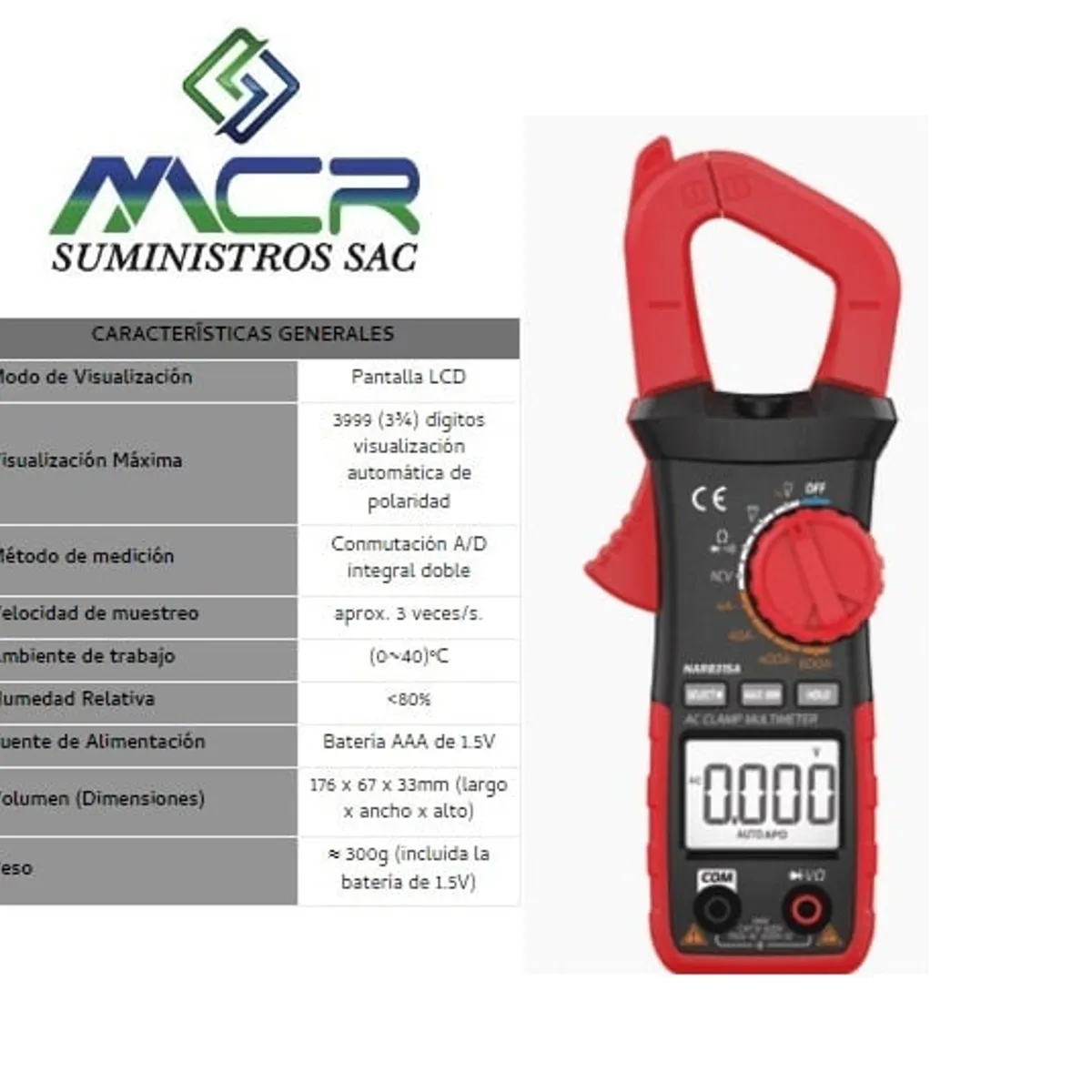 GENERICO - PINZA AMPERIMETRICA DIGITAL PROFESIONAL HASTA 600 AMPERIOS EN AC y DC