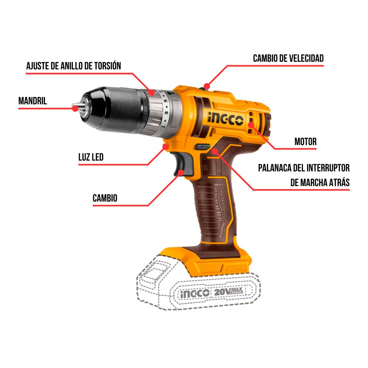 INGCO TOOLS - Taladro percutor + 2 baterias 2ah y cargador Ingco