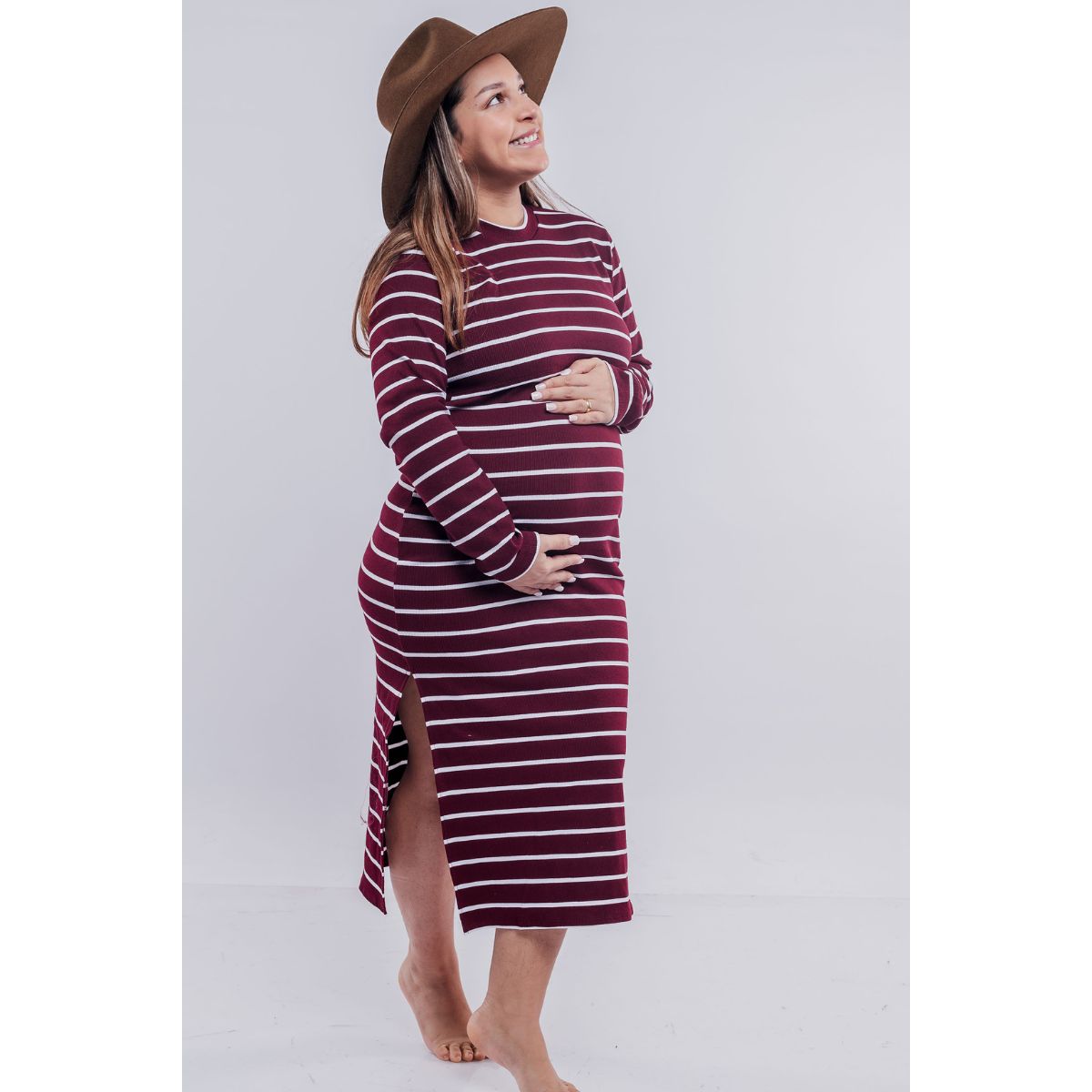 GENERICO - Vestido Maternal Valencia Sistema Lactancia RayadoGuinda