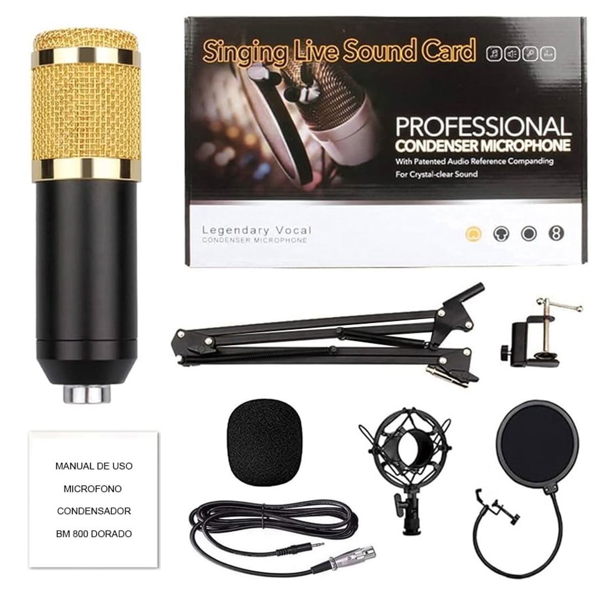 OEM - Kit Micrófono BM 800 Dorado con accesorios para estudio de grabación