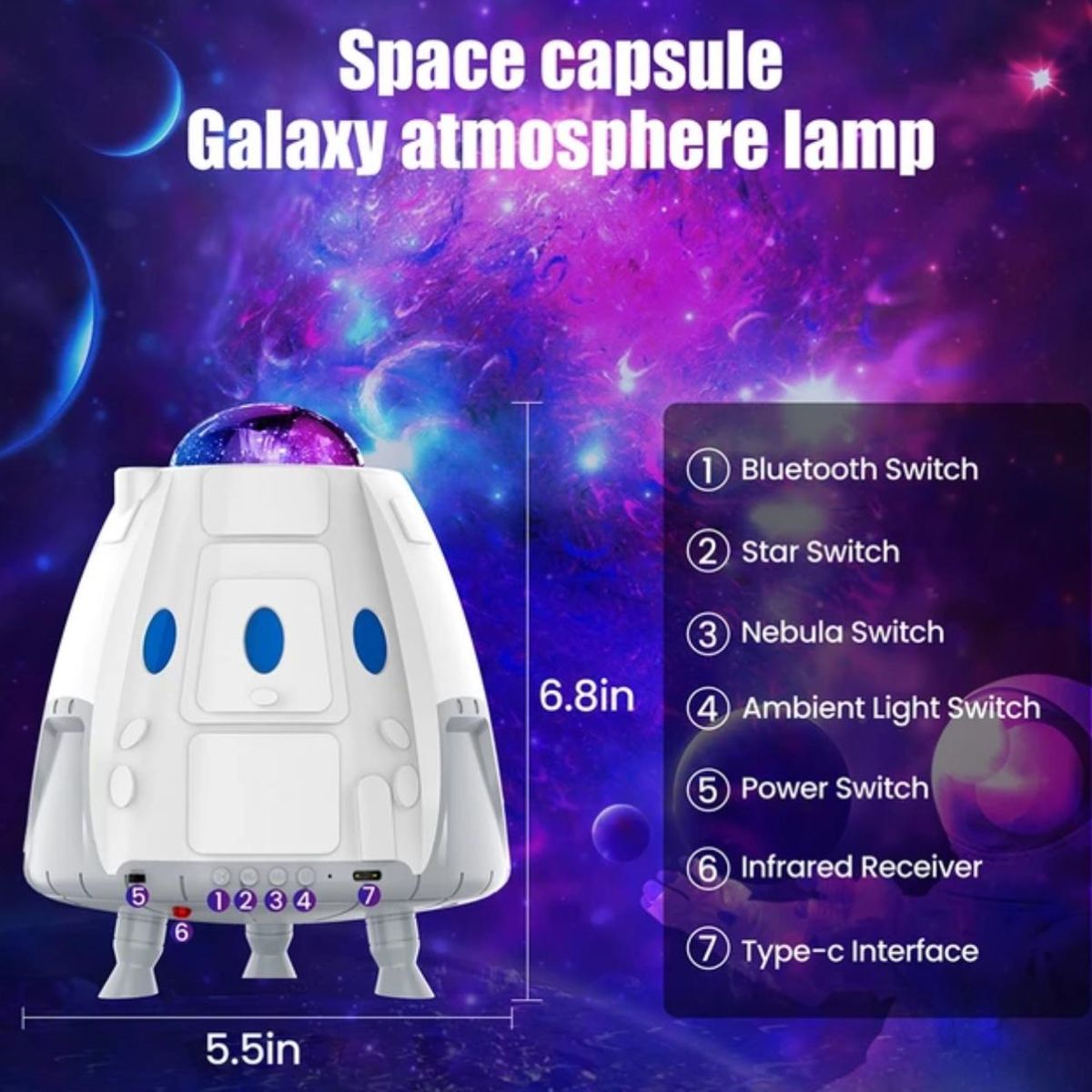 GENERICO - PROYECTOR Y PARLANTE DE GALAXIAS DISEÑO COHETE