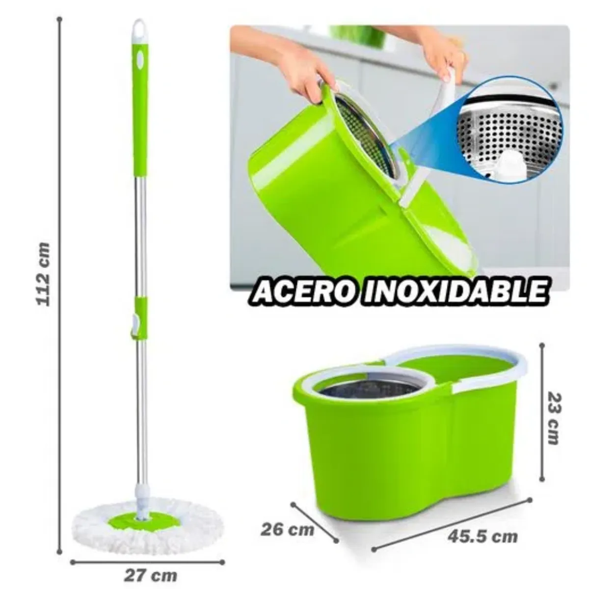 OEM - Trapeador Escurridor Giratorio Automático + 2 Mopas - Verde