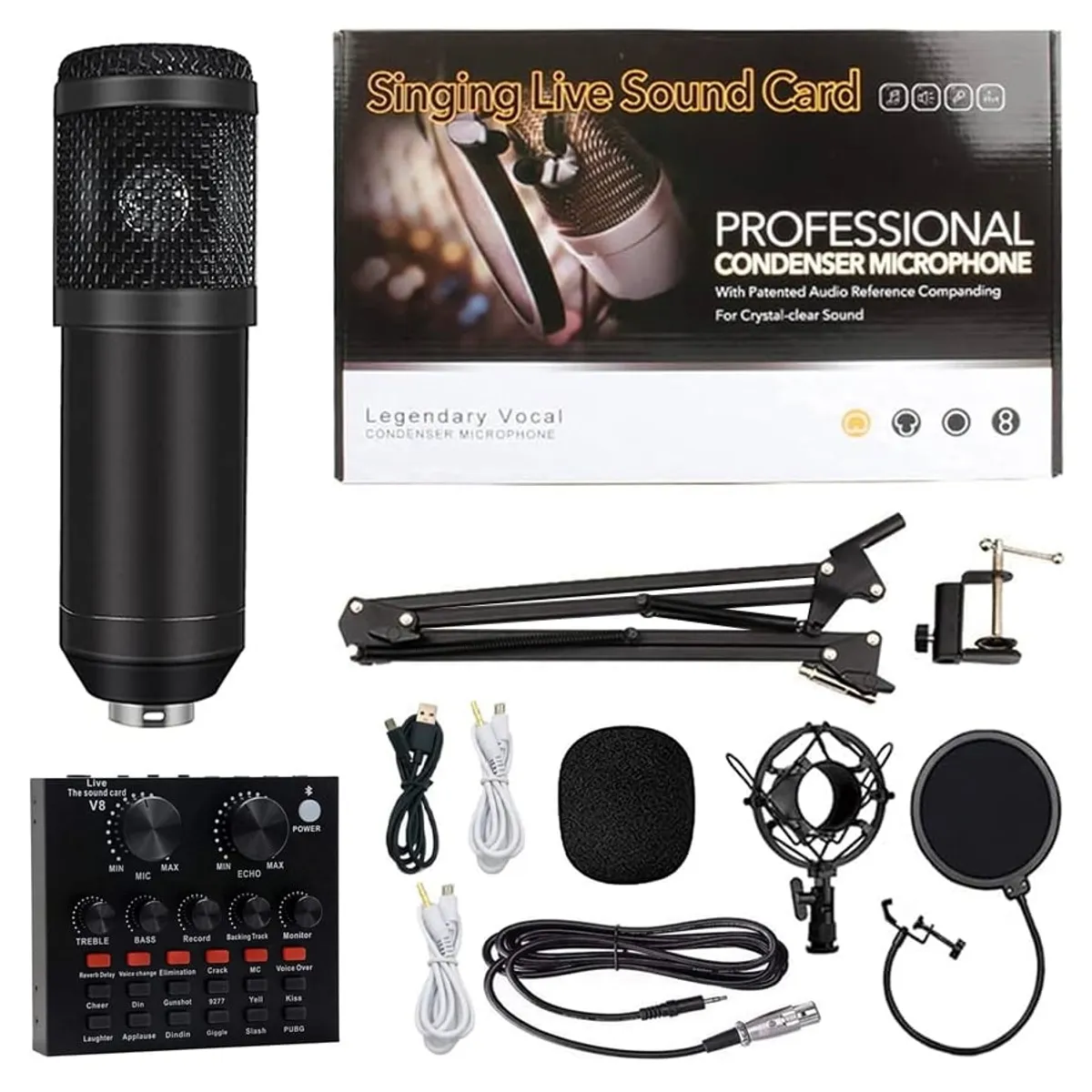 OEM - Kit Micrófono de estudio BM 800 Negro más interfaz de audio V8