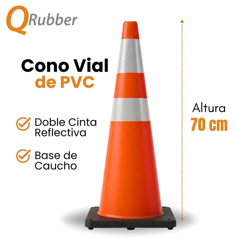 QRUBBER - Cono de tránsito 70cm naranja con base de caucho QRubber