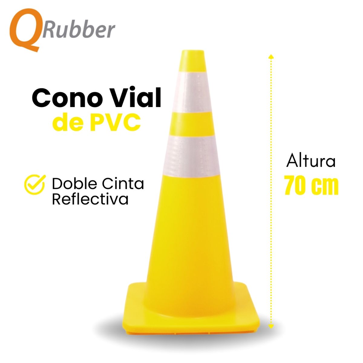 QRUBBER - Cono de seguridad 70cm amarillo con doble cinta reflectiva QRubber