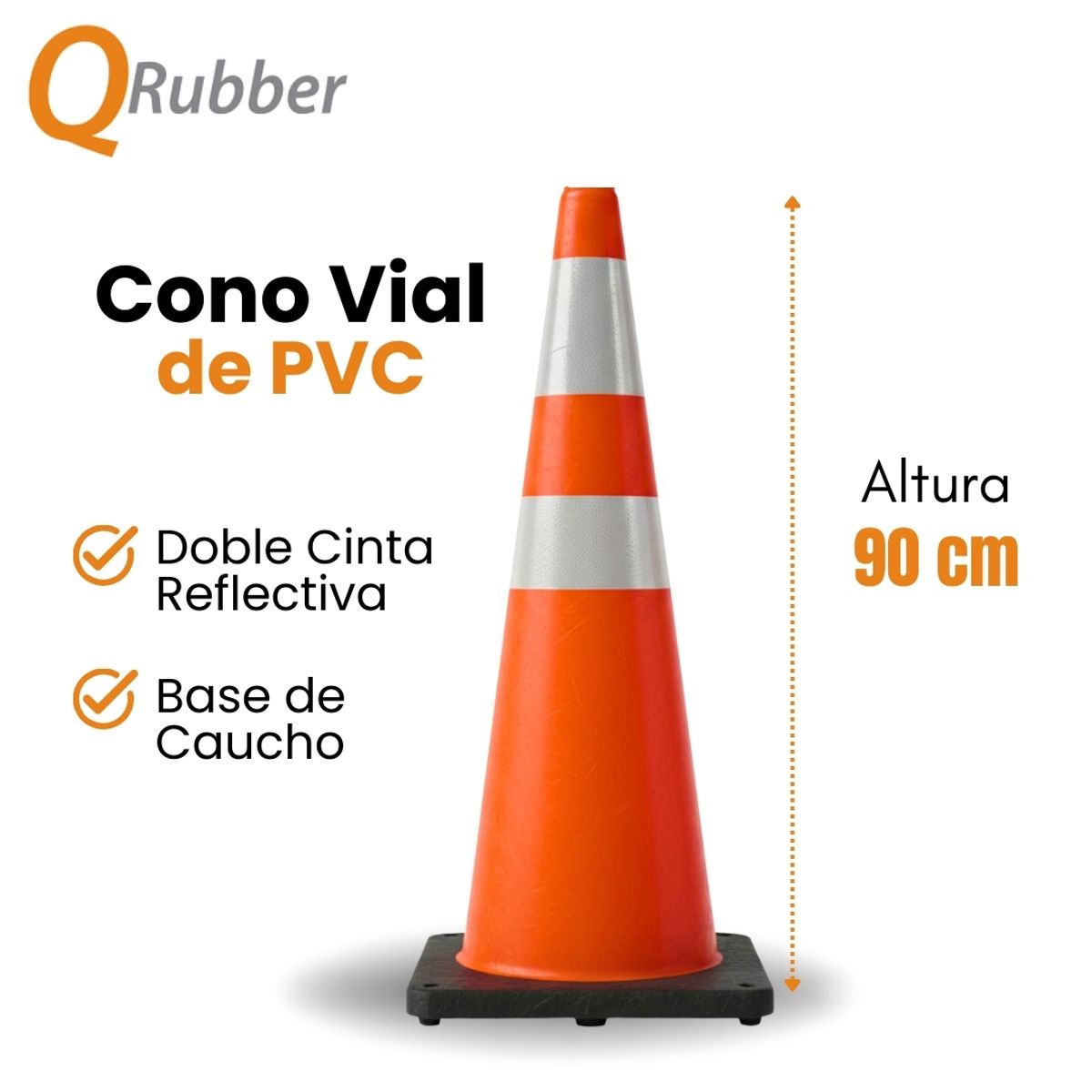 QRUBBER - Cono de seguridad 90cm naranja con base de caucho QRubber