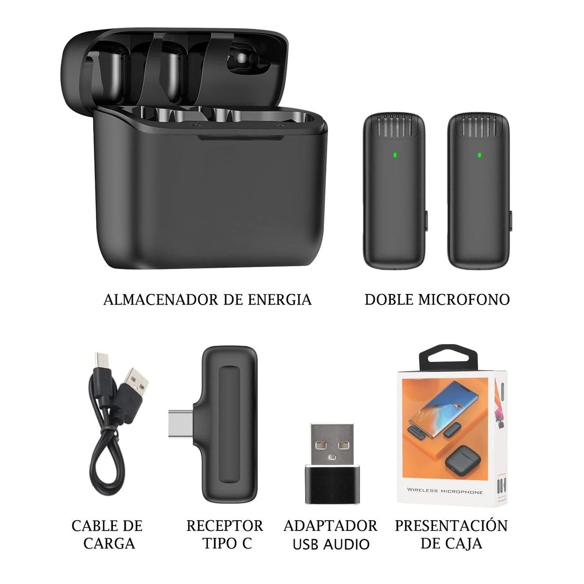 OEM - Micrófonos Inalámbricos 2 en 1 TipoC con Base de carga y Adaptador USB