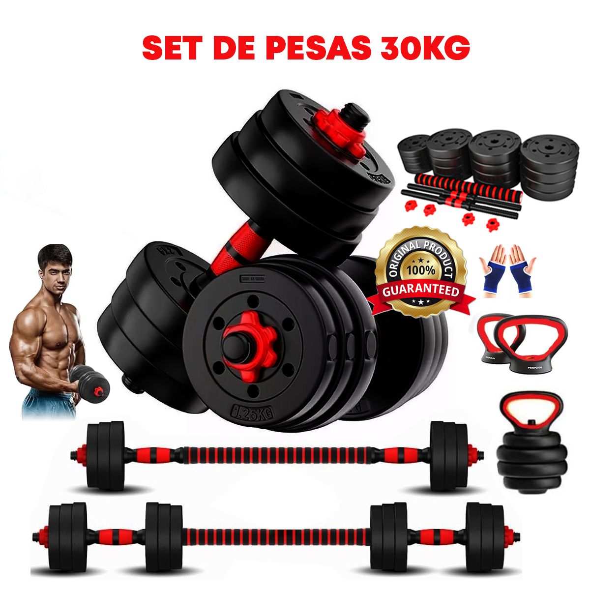 HOLGU - Pesas 30kg Set Convertible A Barra Y Pesa Rusa Importado + guantes gratis