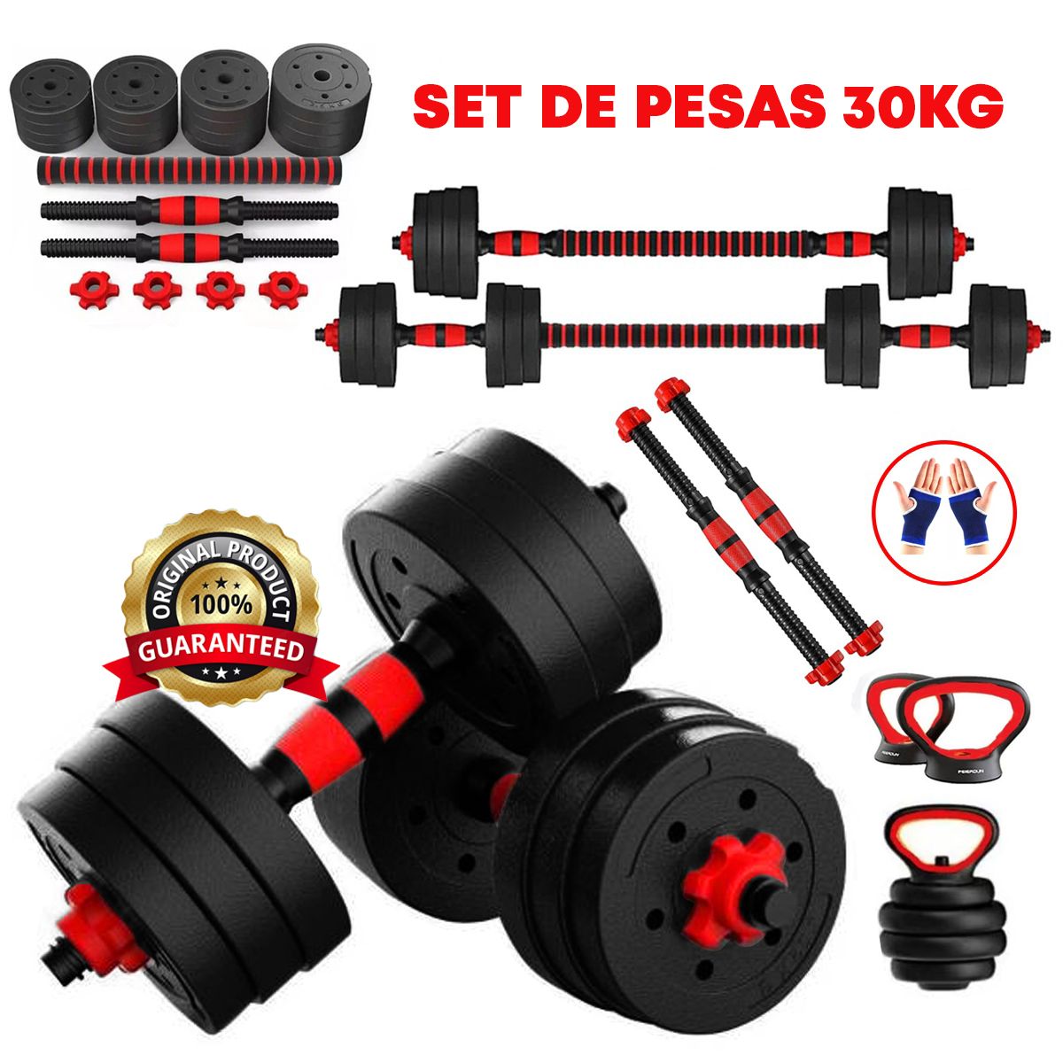 HOLGU - Pesas 30kg Set Convertible A Barra Y Pesa Rusa Importado + guantes gratis