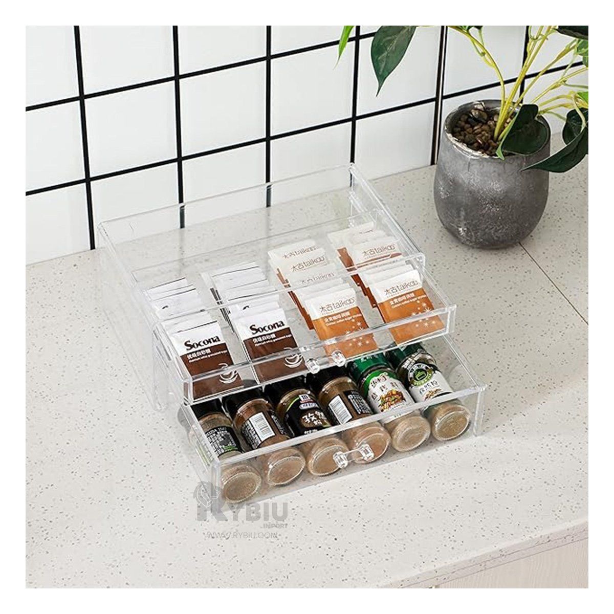 RYBIU IMPORT - Caja para Makeup 2 Cajones Transparente Y+Regalo Stickers