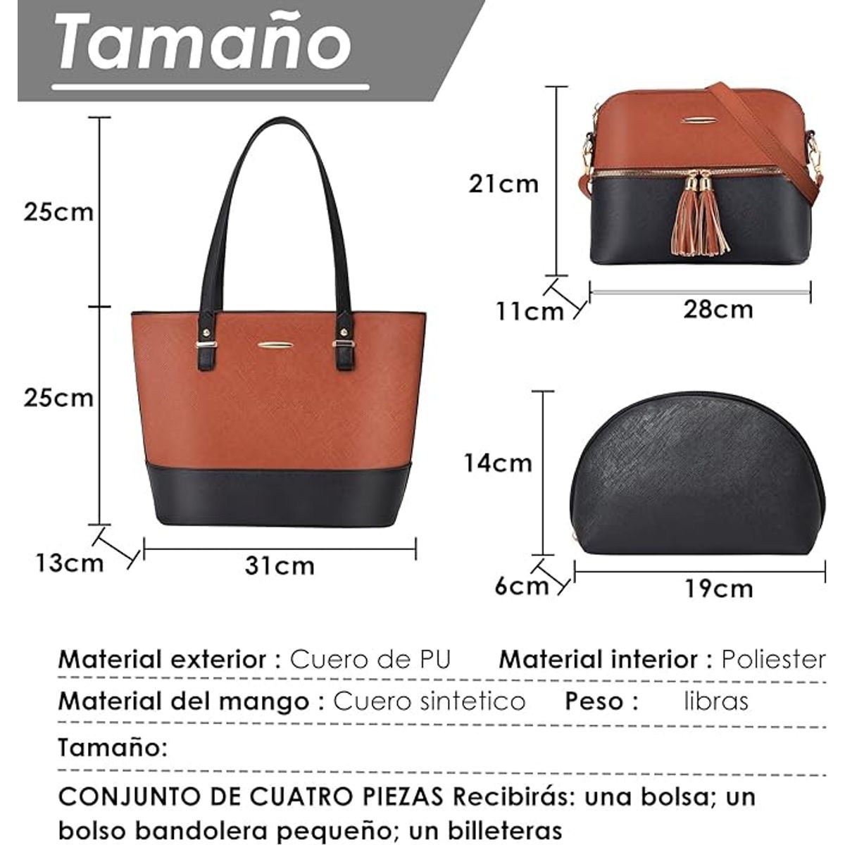 GENERICO - Juego de Carteras Bolsos Elegante 3 Piezas de Cuero PU Super Premium