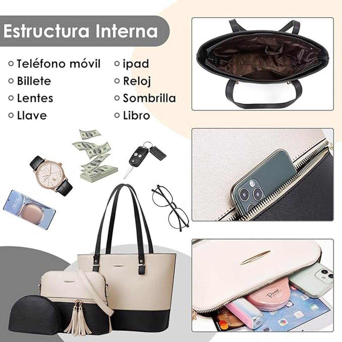 GENERICO - Juego de Carteras Bolsos Elegante 3 Piezas de Cuero PU Super Premium