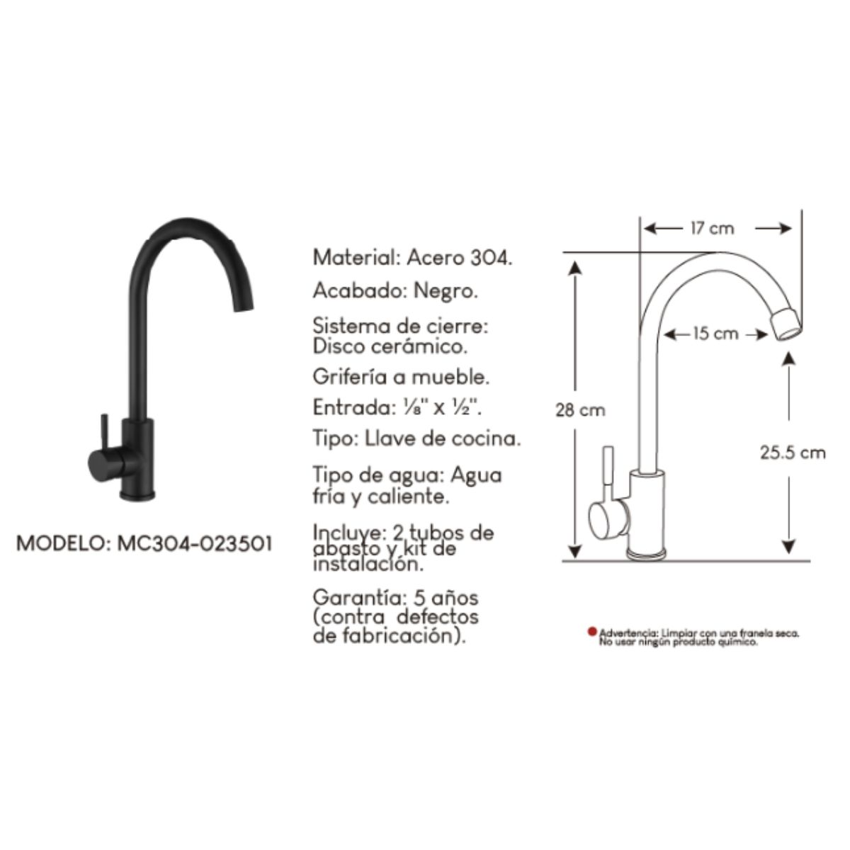 GENERICO - Mescladora tipo Ganso  para Cocina en Acero 304 Negro Satinado