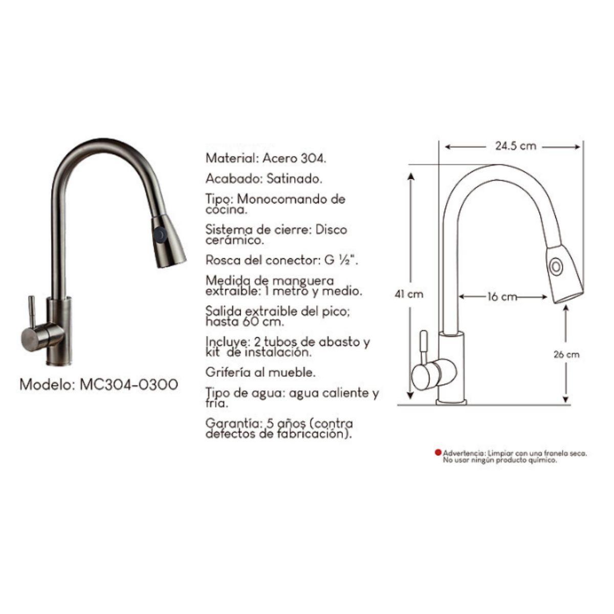 GENERICO - Mescladora tipo Ganso  para Cocina en Acero Inoxidable 304 Satinado
