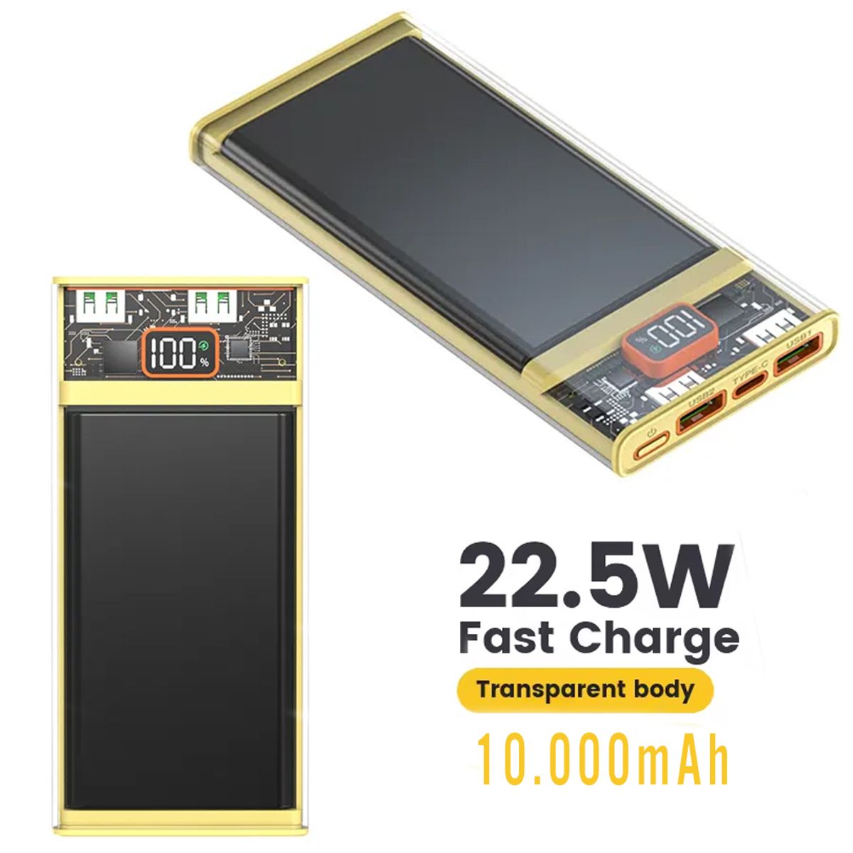 GENERICO - Power Bank 10000mAh 225W y PD20W transparente carga rapida