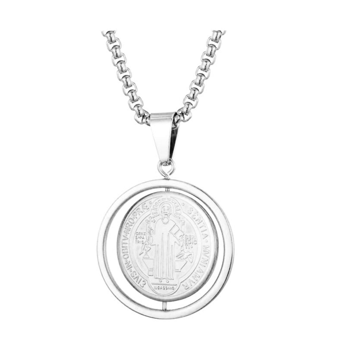 GENERICO - Collar Medalla Giratoria San Benito Acero Inoxidable Plateada
