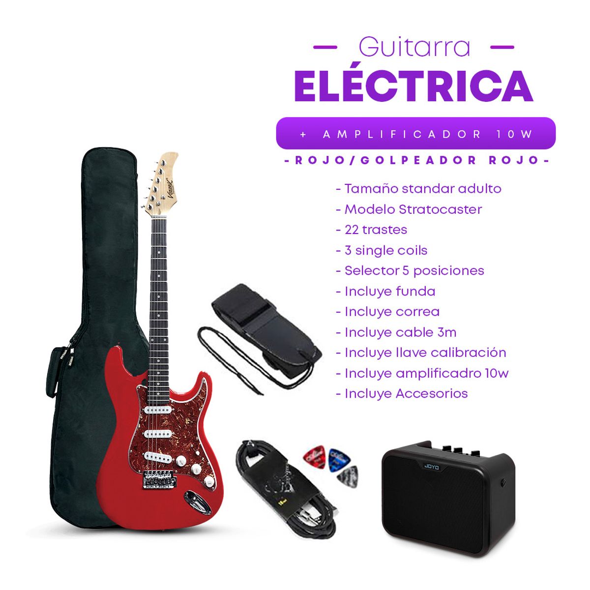 VOZZEX - PACK ELECTRICO STRATO RED - AMPLIFICADOR JOYO 10W