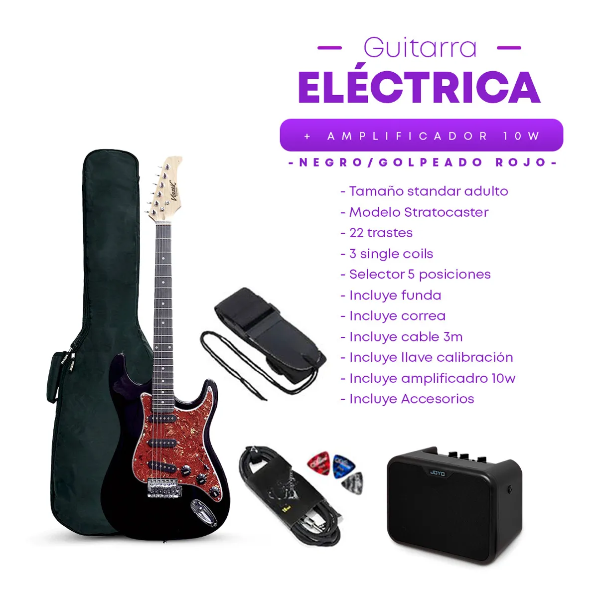 VOZZEX - PACK ELECTRICO STRATO BLACK RD - AMPLIFICADOR JOYO 10W