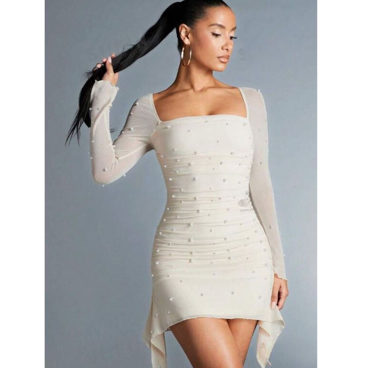 GENERICO - Vestido Coctel Manga Larga de Perlas Invierno