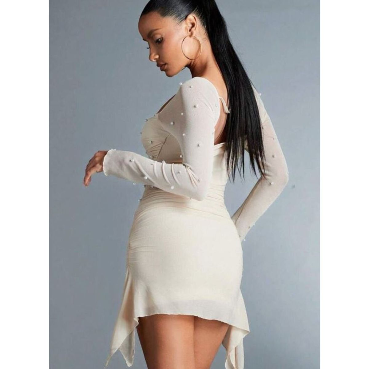 GENERICO - Vestido Coctel Manga Larga de Perlas Invierno