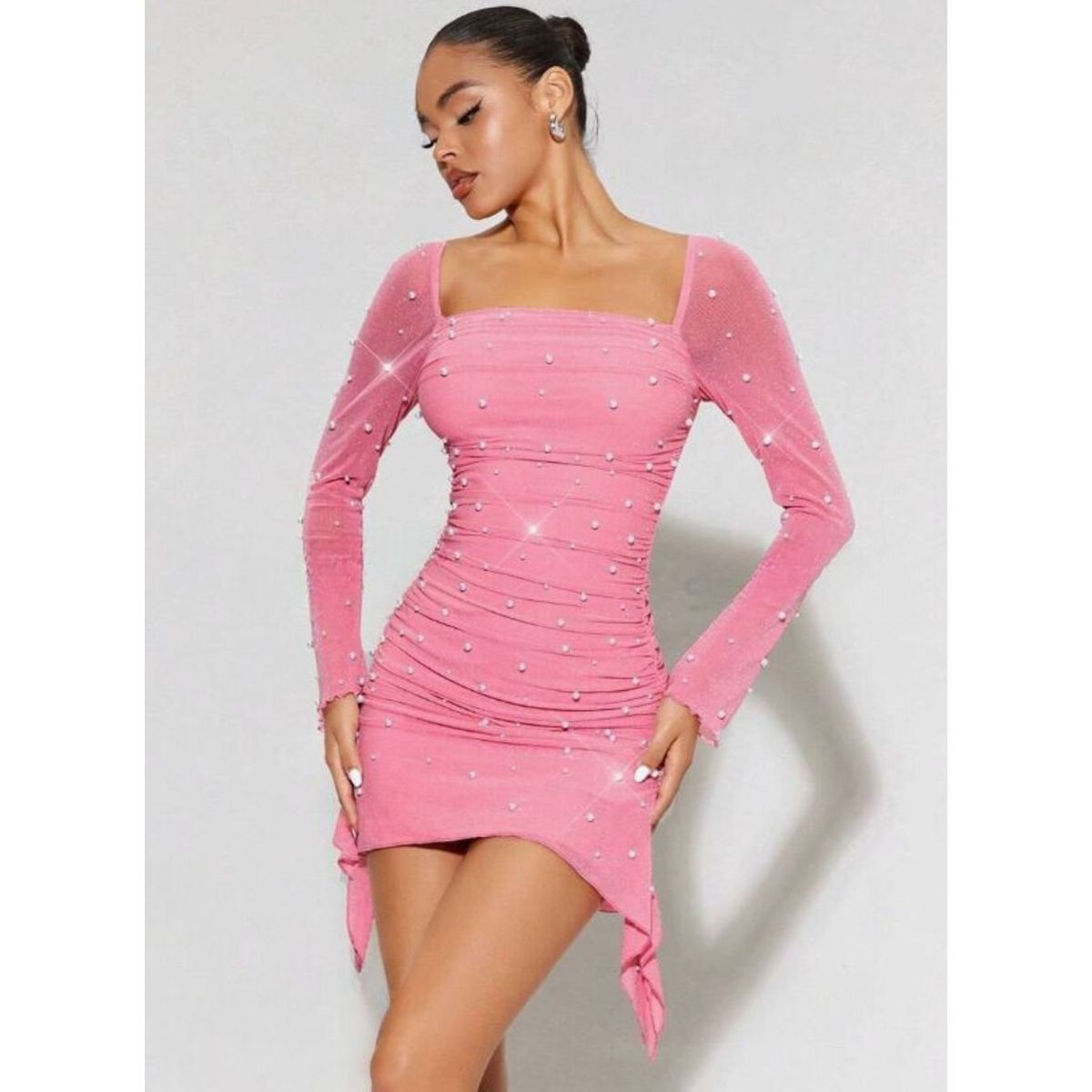 GENERICO - Vestido Coctel Manga Larga de Perlas Invierno