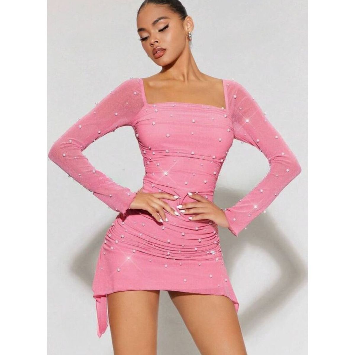 GENERICO - Vestido Coctel Manga Larga de Perlas Invierno