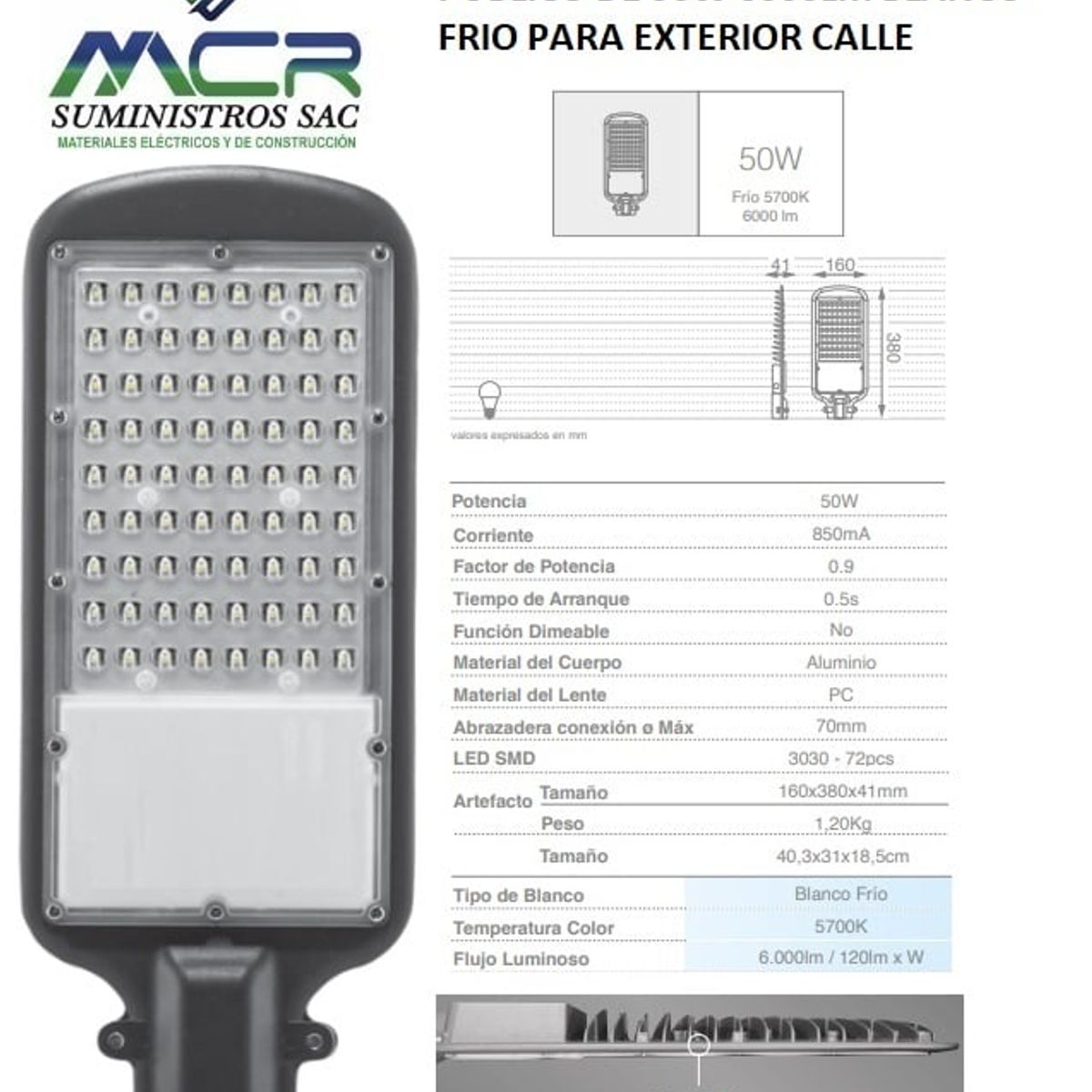 GENERICO - LAMPARA DE ALUMBRADO LED PUBLICO DE 50W 6000LM BLANCO FRIO PARA CALLE