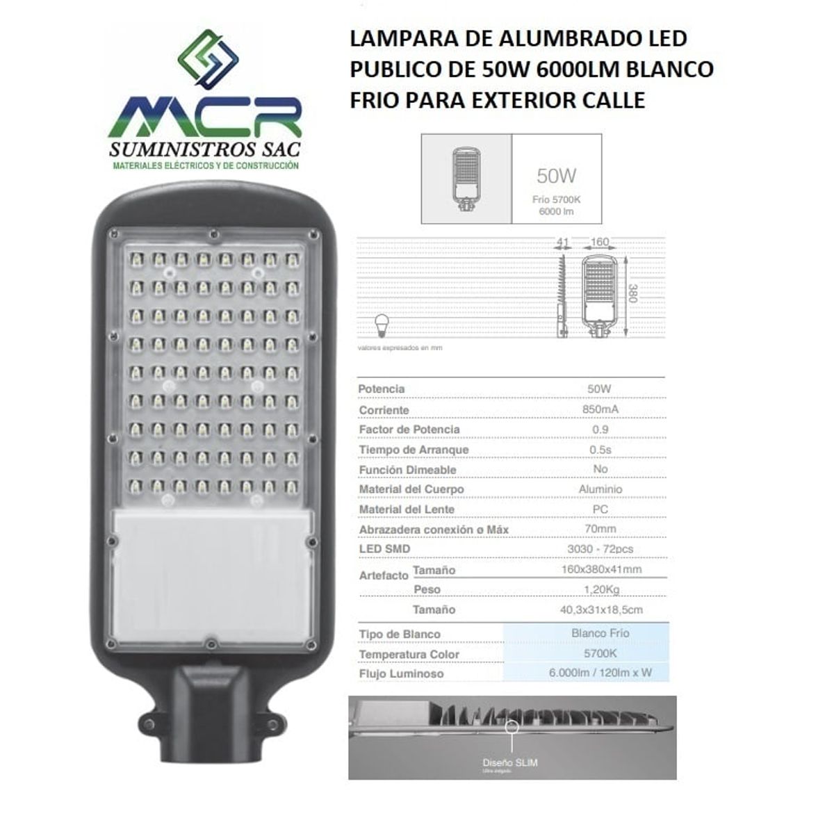 GENERICO - LAMPARA DE ALUMBRADO LED PUBLICO DE 50W 6000LM BLANCO FRIO PARA CALLE