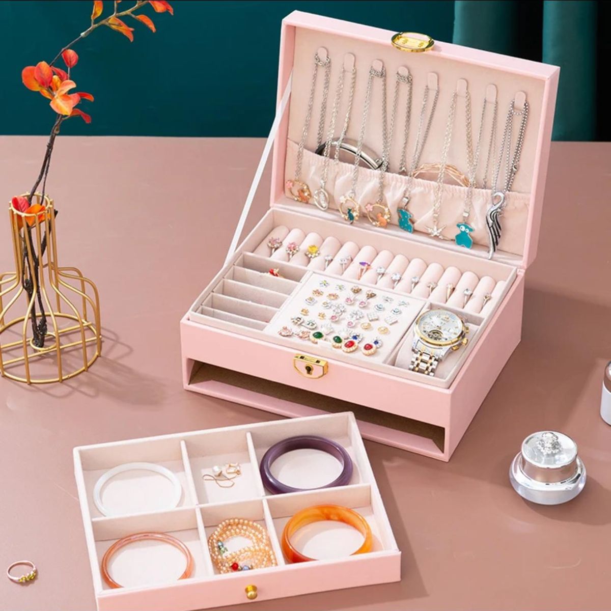 GENERICO - Joyero Caja Organizadora Portátil de 2 Compartimientos Rosado