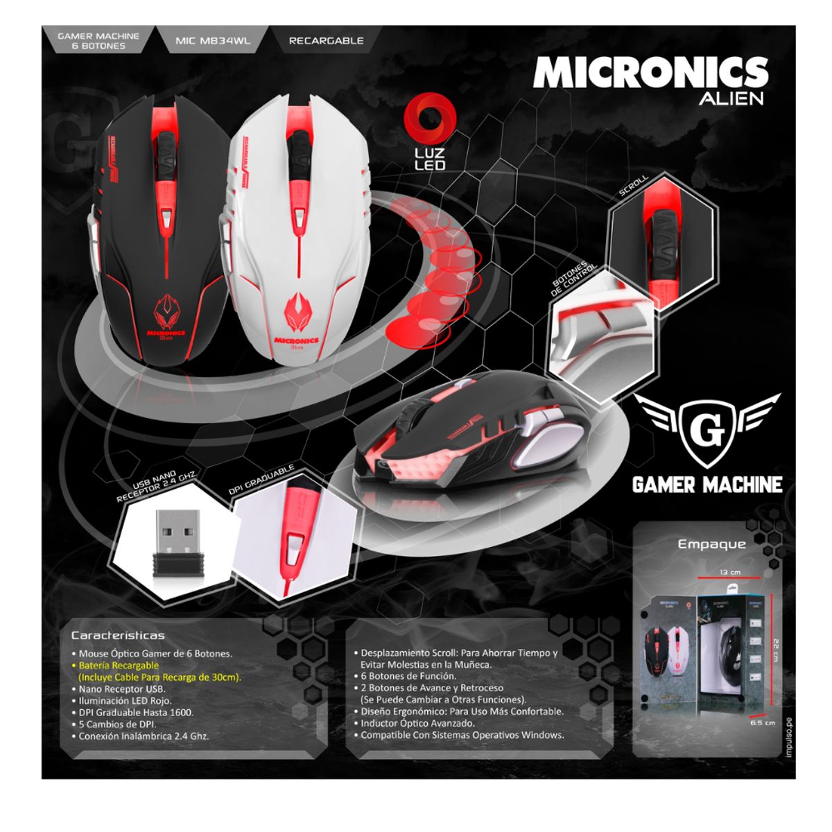 MICRONICS - MOUSE GAMER INALAMBRICO ALIEN M834WL WIFI RECARGABLE MICRONICS BLANCO