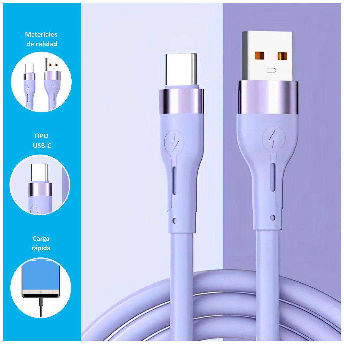 SASARU - Cable carga rápida BC-019t Tipo USB-C de 12m  Morado