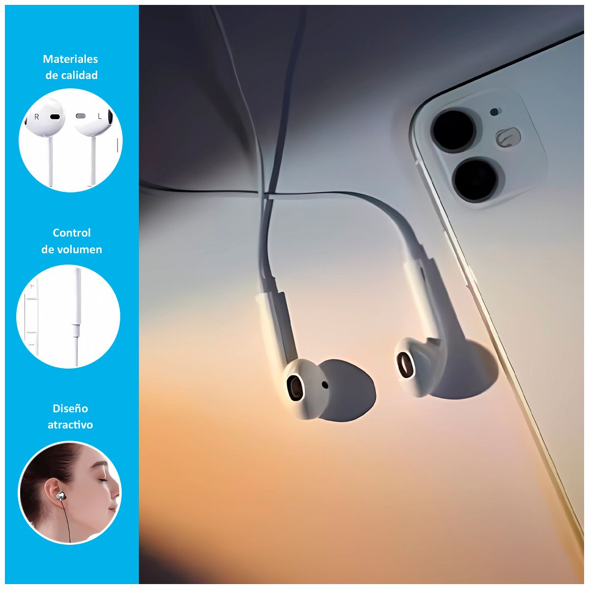 SASARU - Audífonos Earphones S852t Tipo USB-C de 12m  Blanco