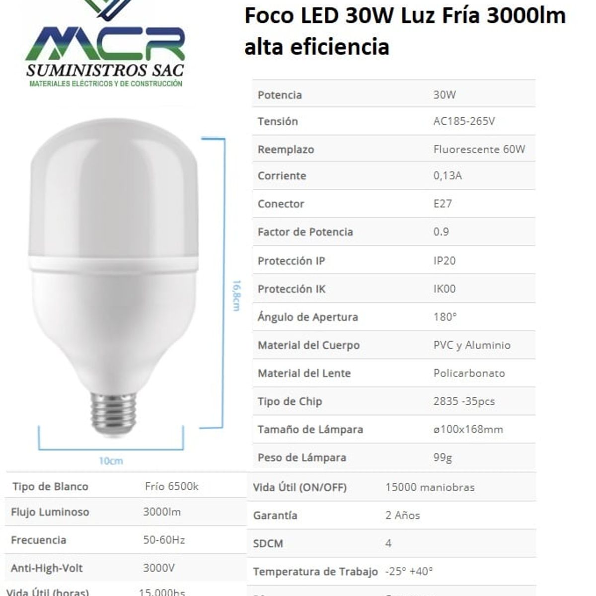 GENERICO - Foco LED 30W Luz Fría 3000lm alta eficiencia