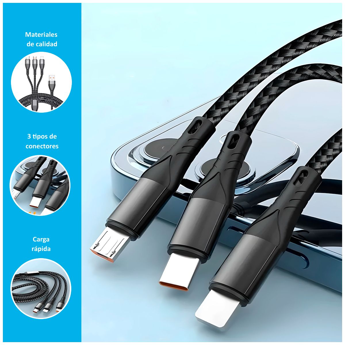 SASARU - Cable Adaptador 3 en 1 X7 de 100W con 1.2m de largo