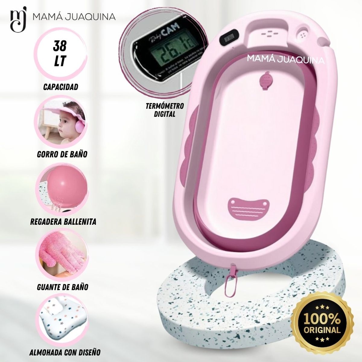 CAM - Bañera Portátil «ZUMAR» con Termómetro Digital Pink