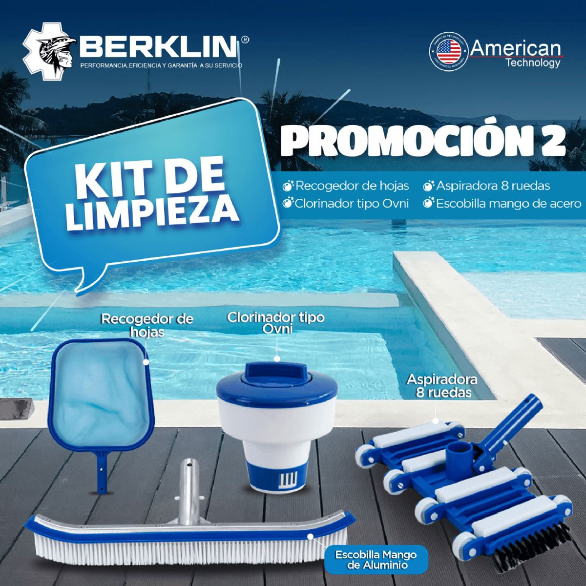 BERKLIN - KIT BASICO DE LIMPIEZA PARA PISCINA